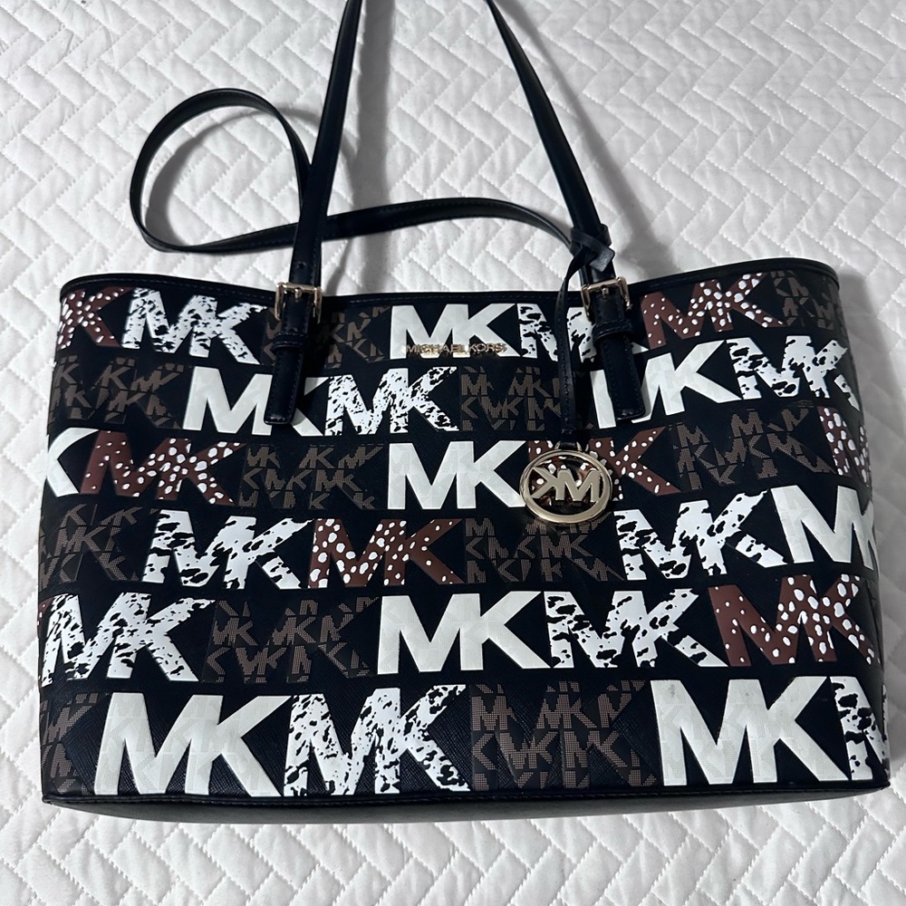 Michael Kors Black, Brown, and White Logo Tote